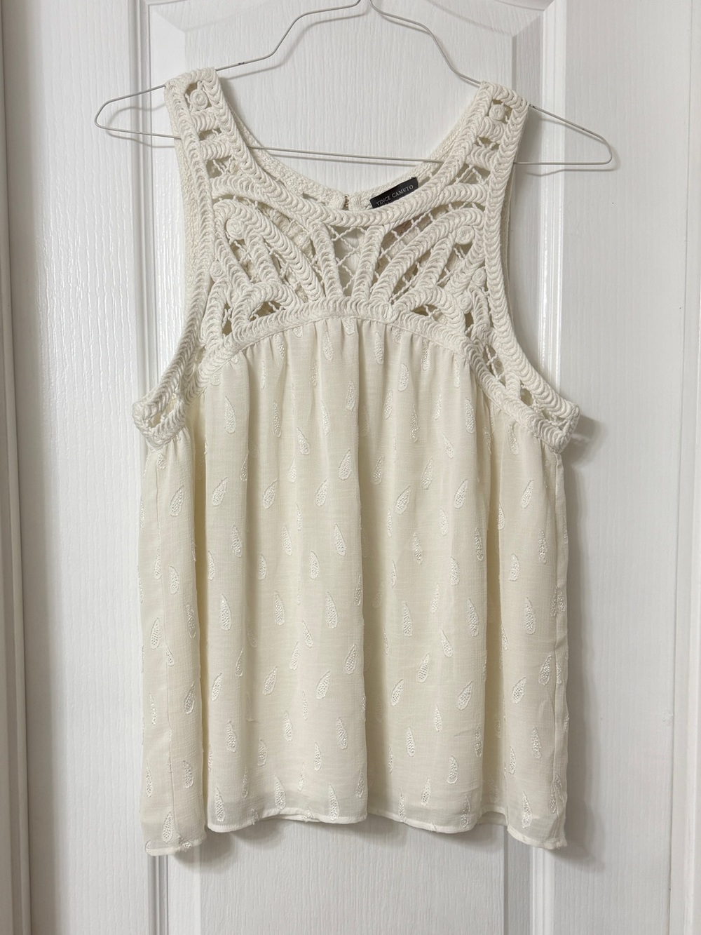Vince Camuto Crochet Yoke Paisley Cotton Sleeveless Blouse white ivory Size M